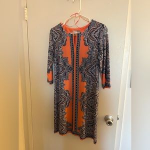 Coral white and blue patterned dress